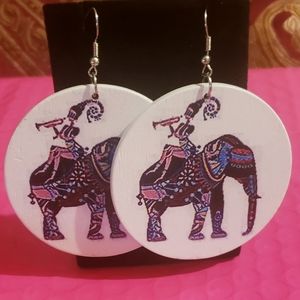 African themed wooden Earrings with an elephant on them